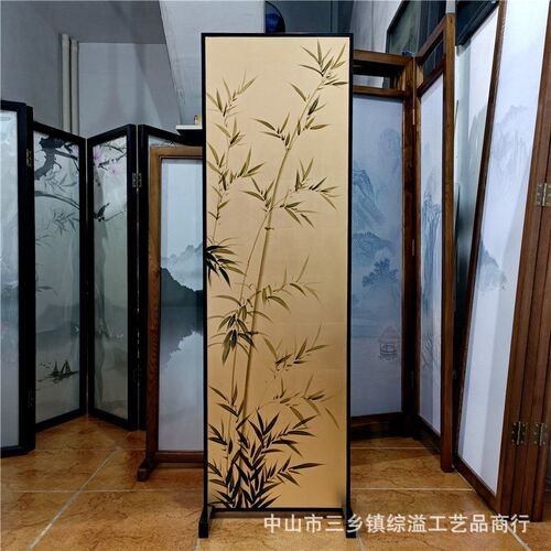 中式手绘竹子金箔花鸟屏风客厅会议室沙发背景墙装饰隔断立式插屏