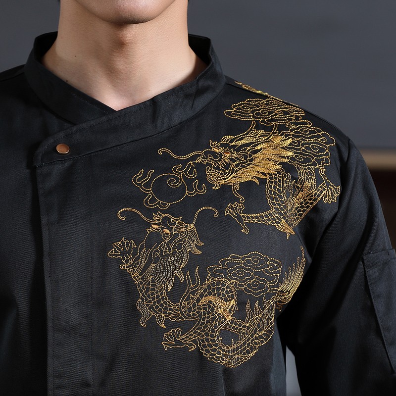 酒店厨师长工作服绣龙套装餐饮厨房掌厨厨师服长袖男大码定制