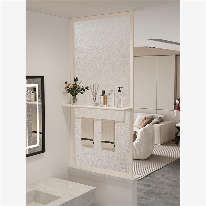 奶油风卫生间半墙屏风洗手台隔断不锈钢铁艺干湿区毛巾置物架定制