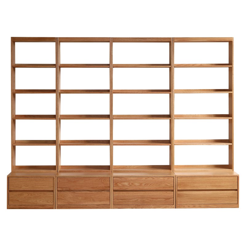 红橡木全实木满墙组合书柜带卡座落地组合展示柜