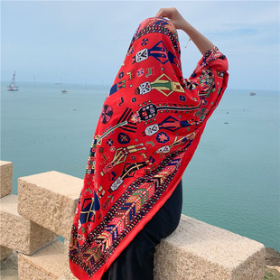 红色民族风披肩围巾两用夏女丝巾超大G长款纱巾沙滩巾茶卡盐湖拍