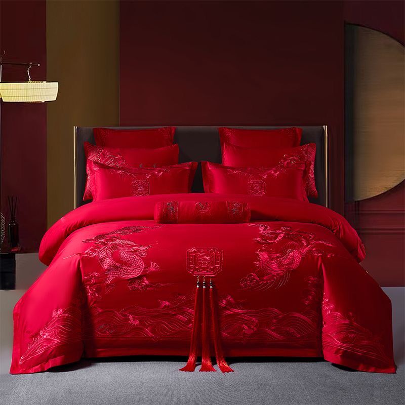 全棉四件套喜庆结婚床上用品纯棉大红床单被套新婚中式高档喜被子