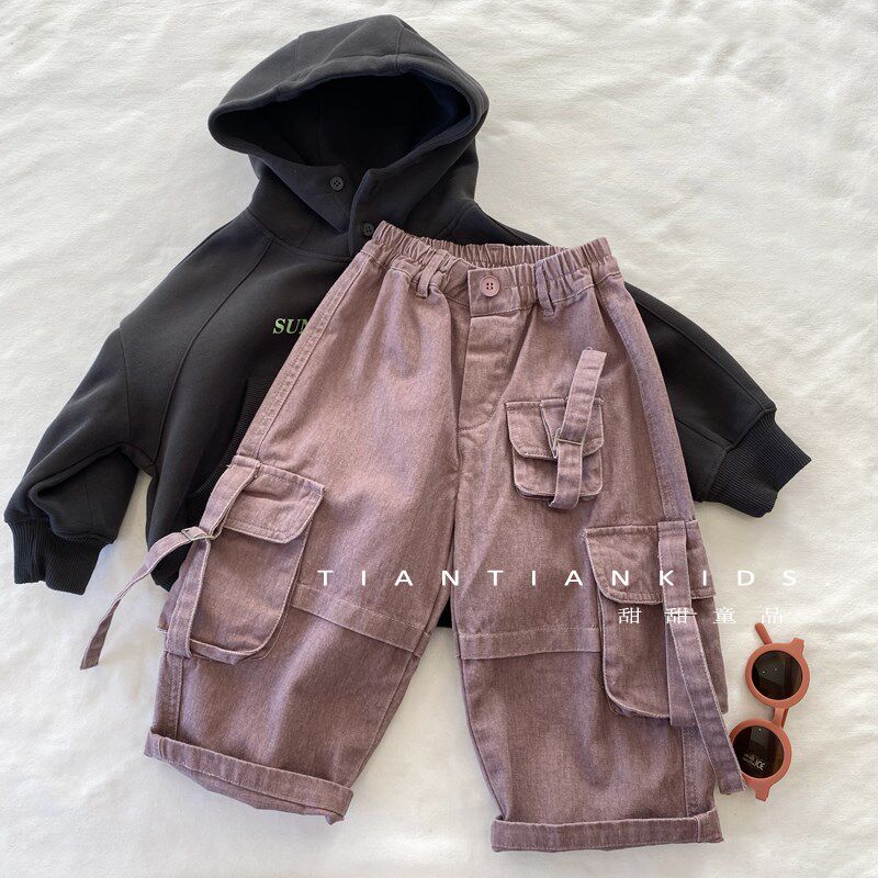 【我是小童】韩版纯棉多口袋工装裤男童秋女宝百搭长裤宽松直筒裤