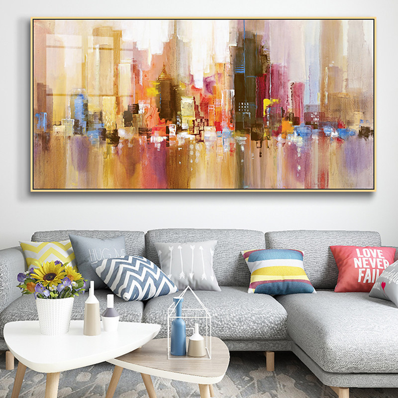 抽象城市建筑装饰画沙发后面的墙上挂画现代美式客厅大气横版壁画