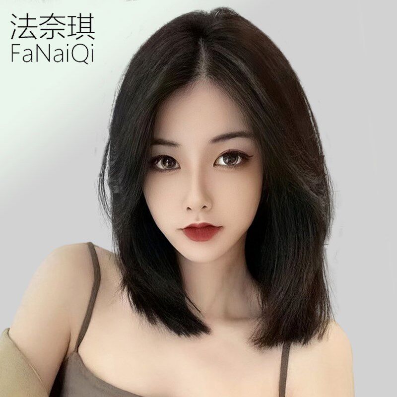 假发短发女真发全真人发时尚蓬松中分锁J骨发全头套蕾丝无痕假发