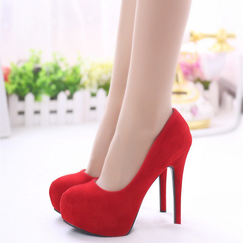 绒面圆头细跟跟鞋防水台浅口鞋大红色婚鞋新娘鞋黑色绒面高跟鞋12