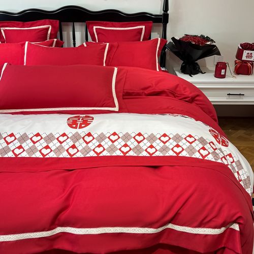 100支长绒棉结婚四件套大红色全棉纯棉陪嫁喜被套床单床上用品