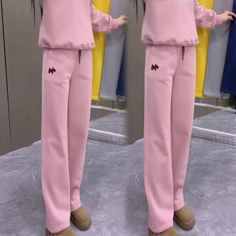 糖果色加绒直筒裤女冬季新款刺绣休闲运动裤洋气百搭宽松加厚长裤