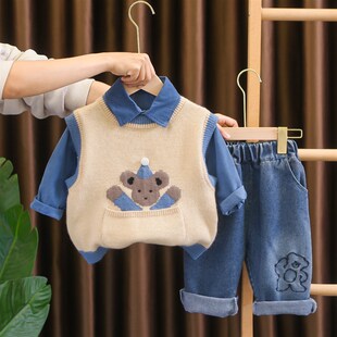 2024春季新款男童休闲毛衣马甲长袖三件套男宝宝牛仔长裤套装