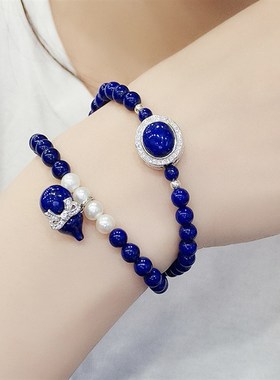 青金石手串女水晶葫芦首饰珍珠天然青晶石双层手链ins小众设计