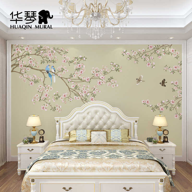 现代美式电视背景墙壁纸 客厅沙发婚房卧室床头 花鸟墙纸壁画墙