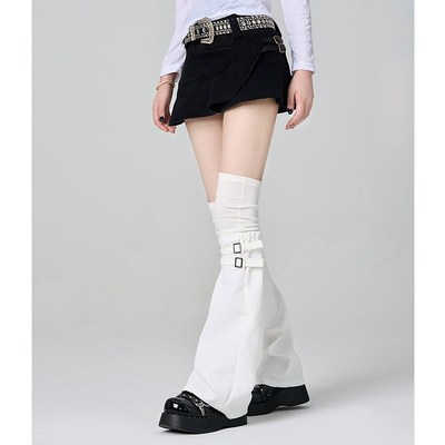 黑色高级拼接假两件过膝腿套个性堆堆大腿袜亚文化皮扣阔腿袜套薄