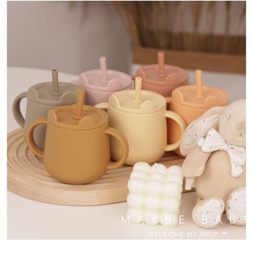 韩国ins宝宝水杯儿童手柄吸管杯刻度防摔防滑耐高温矽胶学饮杯