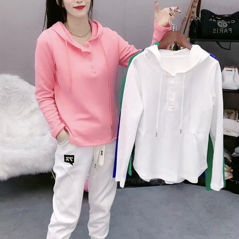 糖果色t恤女2024春长袖套头连帽气质韩版减龄遮肉洋气百搭打底衫