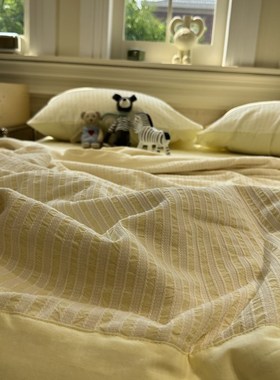 奶fufu~水洗棉提花黄色条纹单双人夏凉被四件套薄被子空调被纯棉