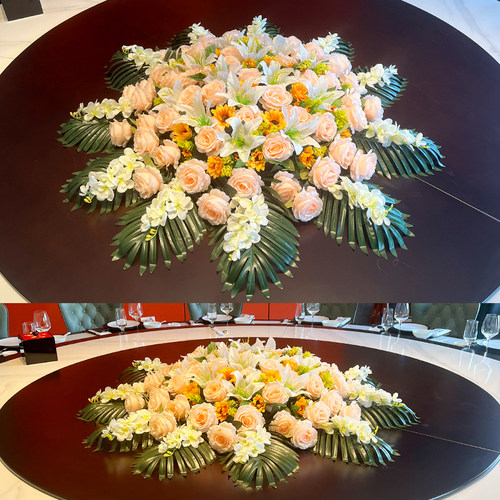 高端大型酒店餐桌花摆件花绢花装饰花插花大圆桌花电动转盘餐桌花