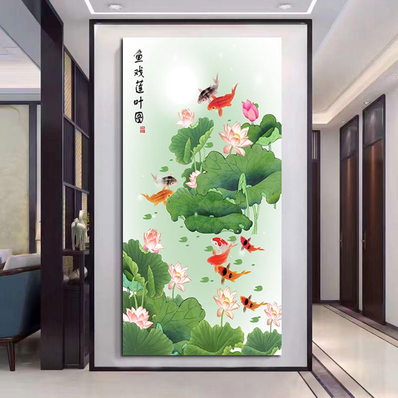 荷花九鱼图玄关挂画招财客厅背景装饰画新中式书房走廊过道墙壁画图片