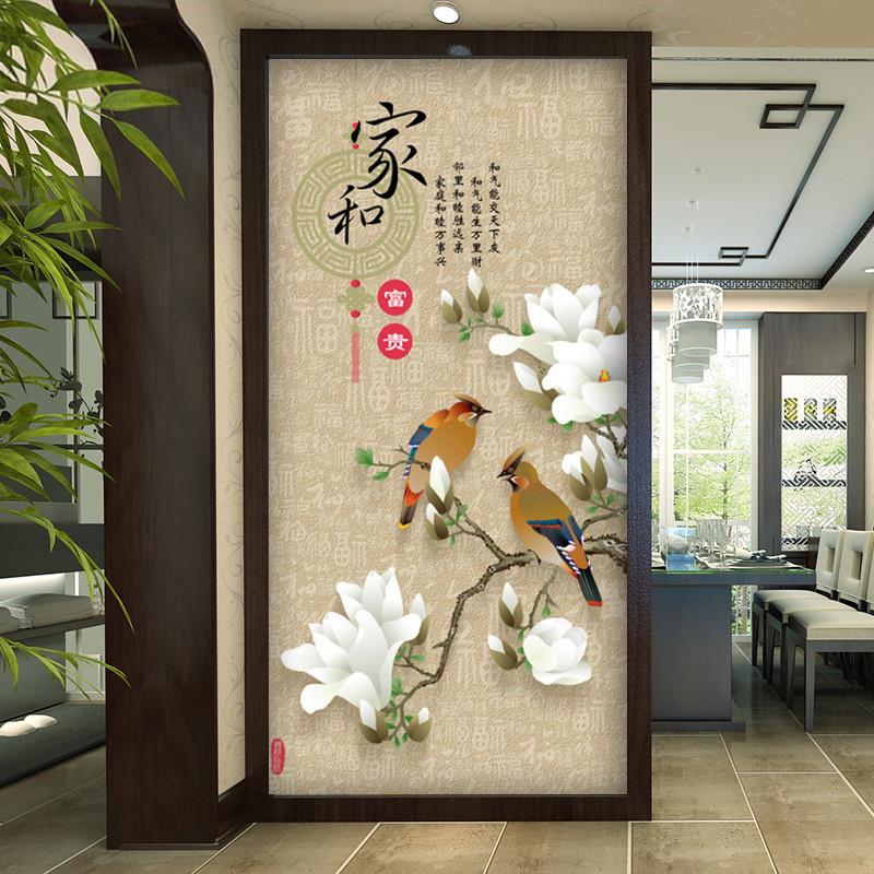 3d立体竖版玄关背景墙壁纸走廊过道无缝墙布大型壁画中式花鸟墙纸