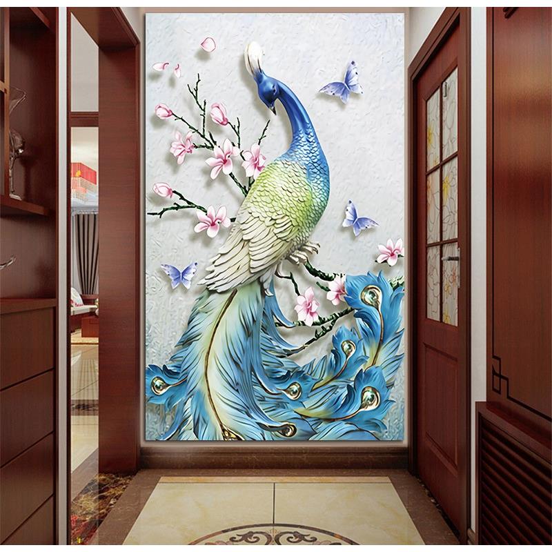 自粘贴画壁纸墙贴定制玫瑰花孔雀麋鹿玄关门贴客厅卧室背景墙壁纸