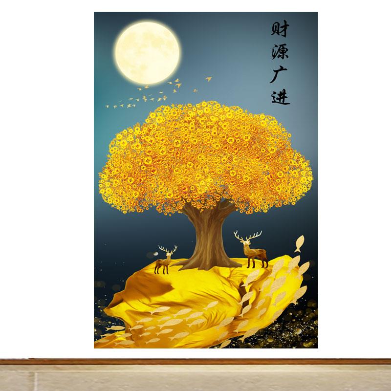 竖版发财树招财鹿月亮财源广进年年有余家用玄关背景报自粘装饰画图片