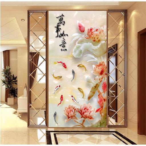 3D玄关自粘壁纸大型壁画九鱼图走廊过道装饰画门厅背景墙牡丹墙纸