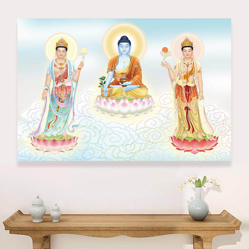 东方三圣画像贴画药师三尊药师佛日光月光菩萨高清佛像佛堂自粘画