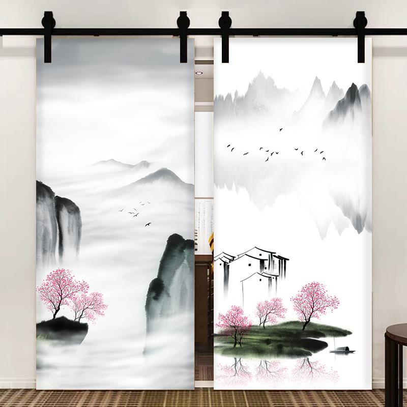 简约水墨门贴纸自粘中式墙贴玄关装饰贴画古典风房门翻新贴中国风