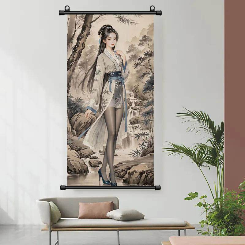 美女国风丝袜黑丝图恶搞挂画卷轴搞笑字画水墨宿舍卷轴挂古画礼物