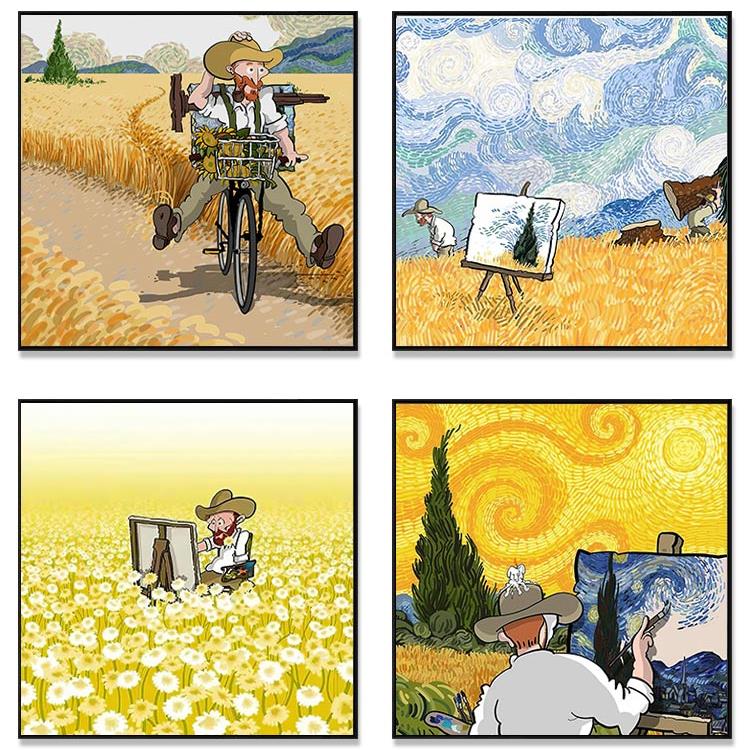 现代简约正方形梵高装饰画画心儿童搞笑油画布自粘画打印可定制图片