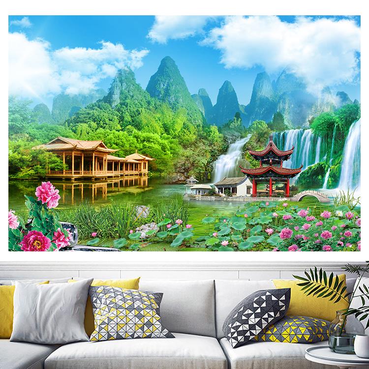 山水瀑布客厅装饰画小桥亭子荷花池卧室墙贴画蓝天白云自粘画壁画图片