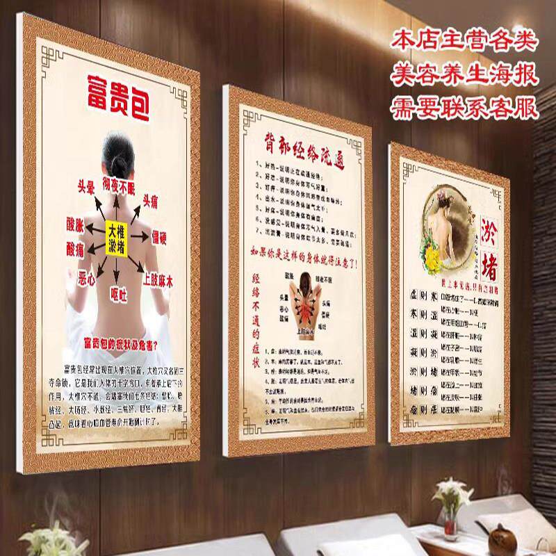 美容院挂图养身馆宣传画艾灸拔罐针灸刮痧推拿海报经络淤堵贴纸kt