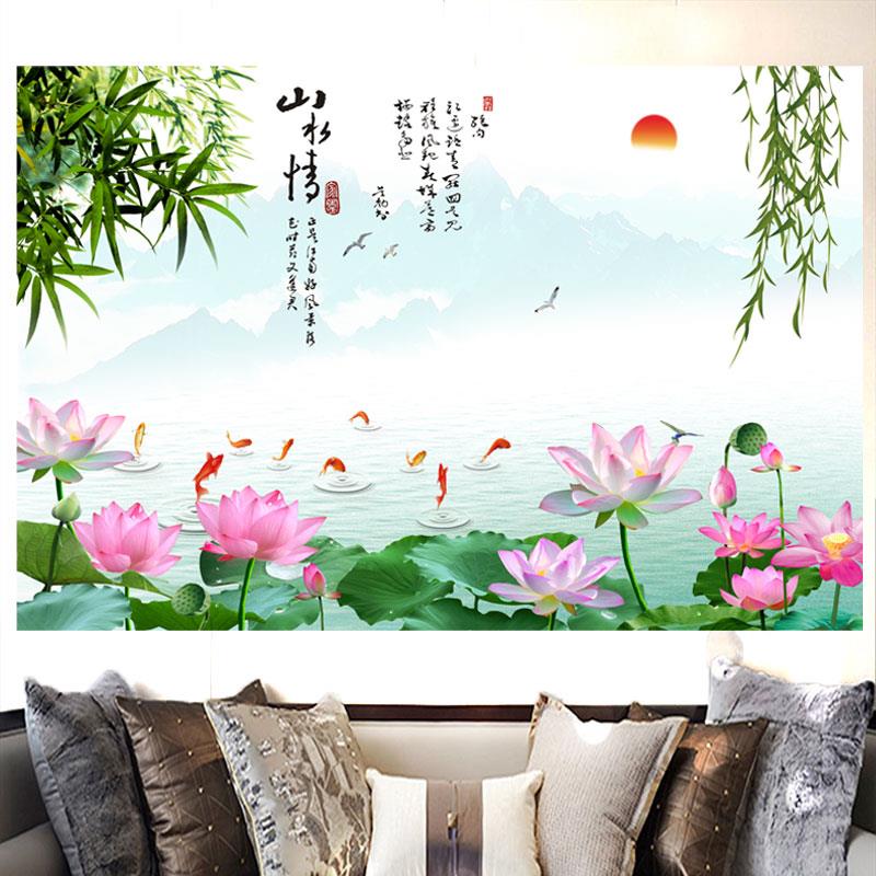 荷花山水画客厅卧室背景墙海报装饰画竹子荷叶鱼山水情风景贴纸画图片
