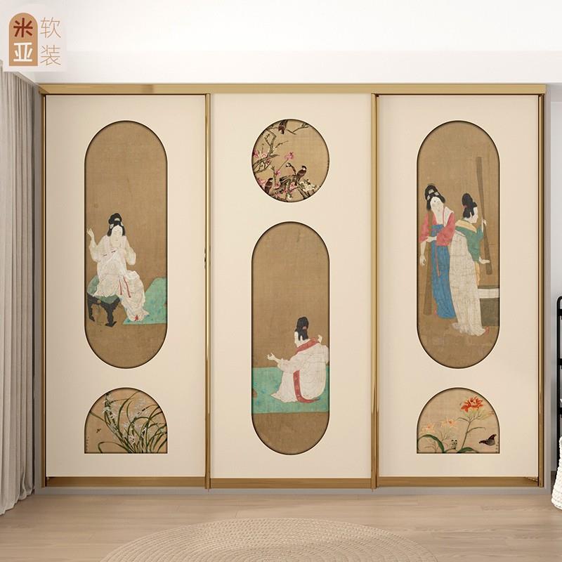 新中式古画捣练图国风家具装饰柜子推拉衣柜移门复古翻新贴纸墙纸