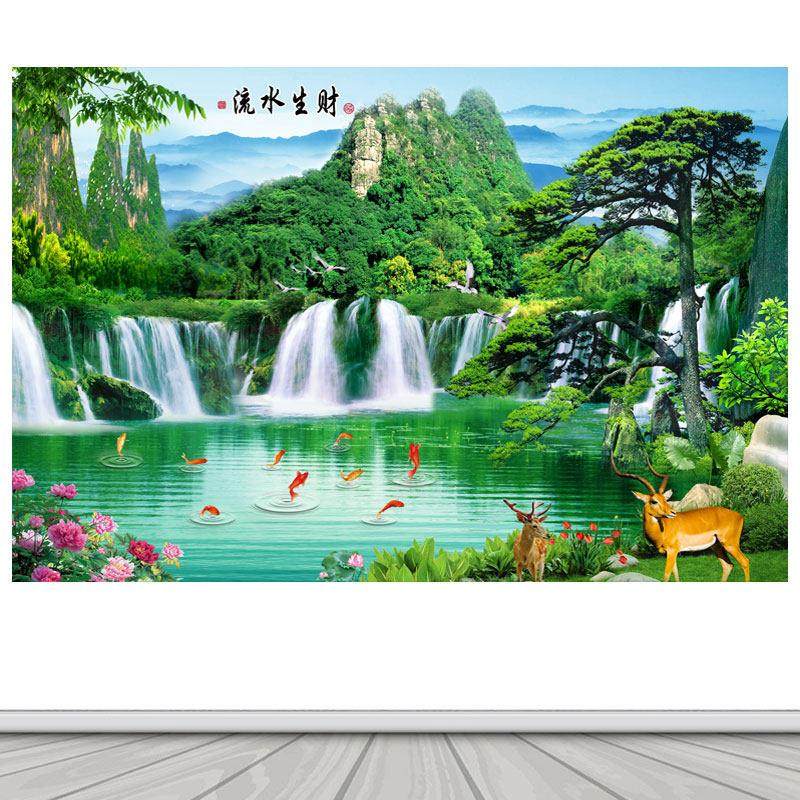 流水生财迎客松发财鹿九鱼图松鹤延年客厅办公室背景墙海报自粘画,个性定制/设计服务/DIY,写真/海报印制,淘宝优惠券,粉丝福利购,淘宝优惠卷