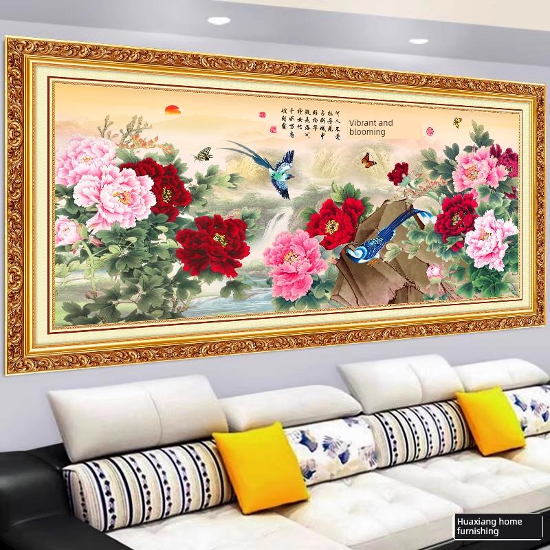 牡丹花山水客厅装饰画3D感墙面贴纸不干胶印刷中国画墙面贴纸