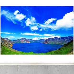 聚宝盆长白山天池招财风景画有山有水蓝天白云背景海报自粘装饰画