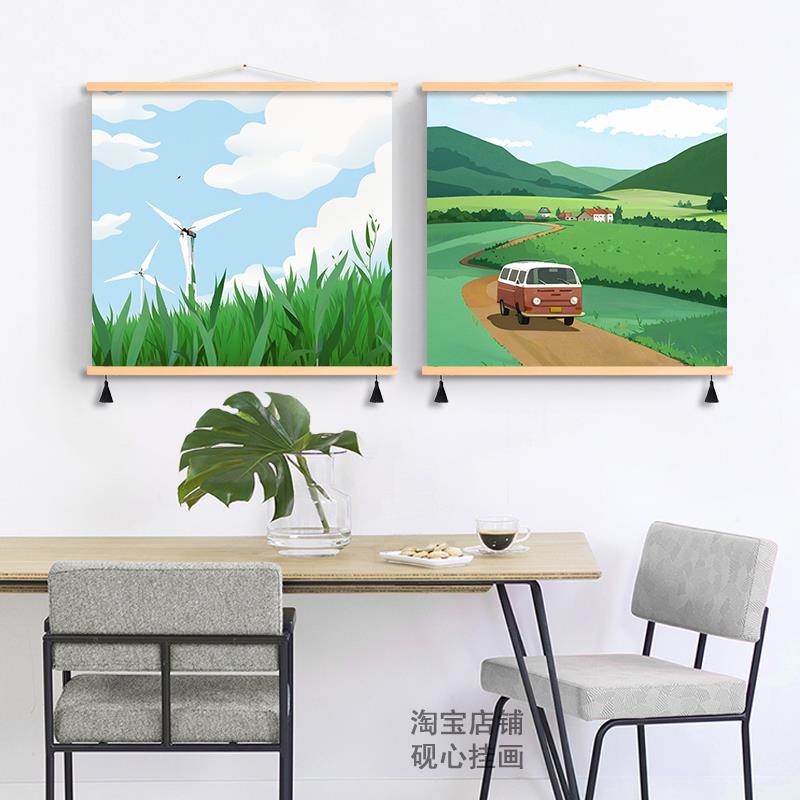 北欧卡通客厅背景墙装饰画小清新卧室床头风景方形壁画布艺挂画图片