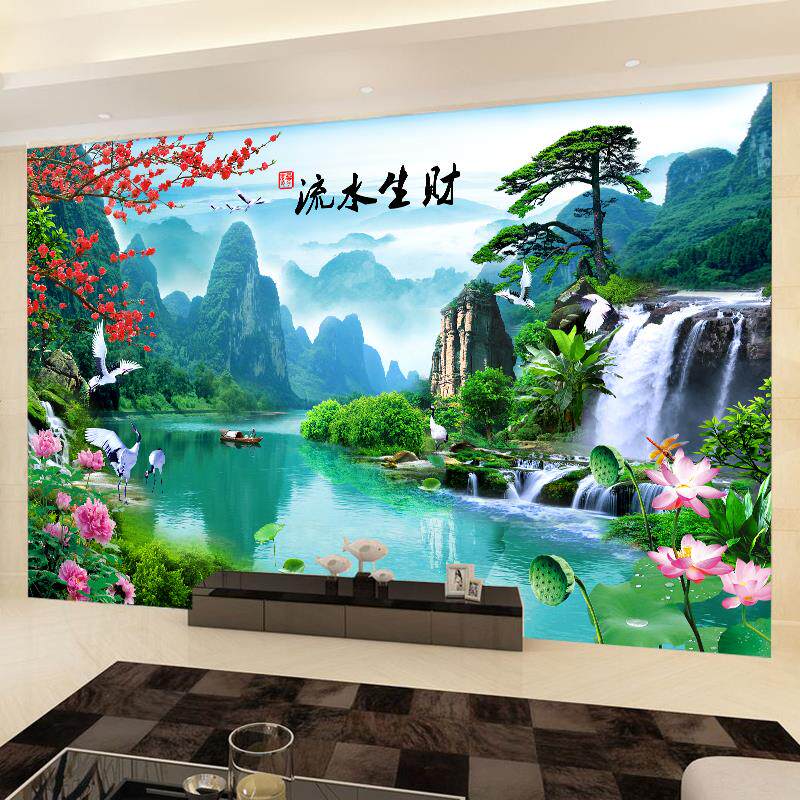 墙贴壁画壁纸自粘墙纸定制中式客厅贴画3d山水风水年画电视背景墙