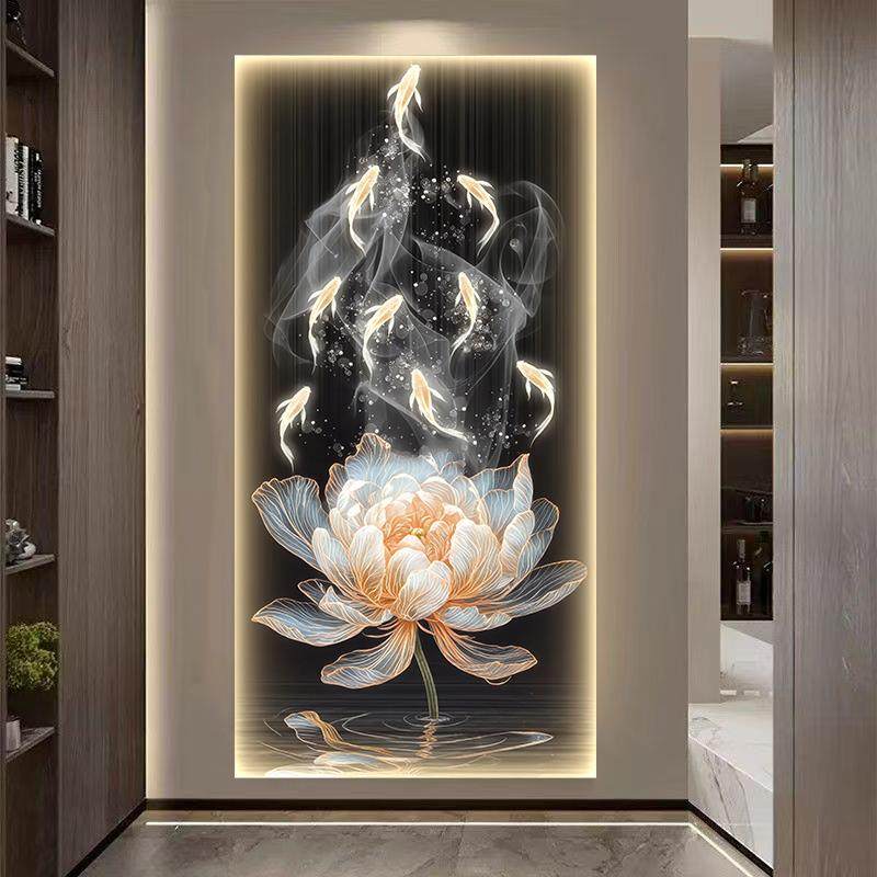 莲花九鱼图现代简约轻奢风入户玄关装饰画和气生财招财客厅墙贴画