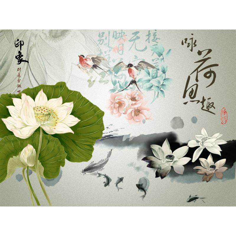 现代新中式装饰画客厅沙发背景墙画无框画心芯山水风景横版荷花鱼