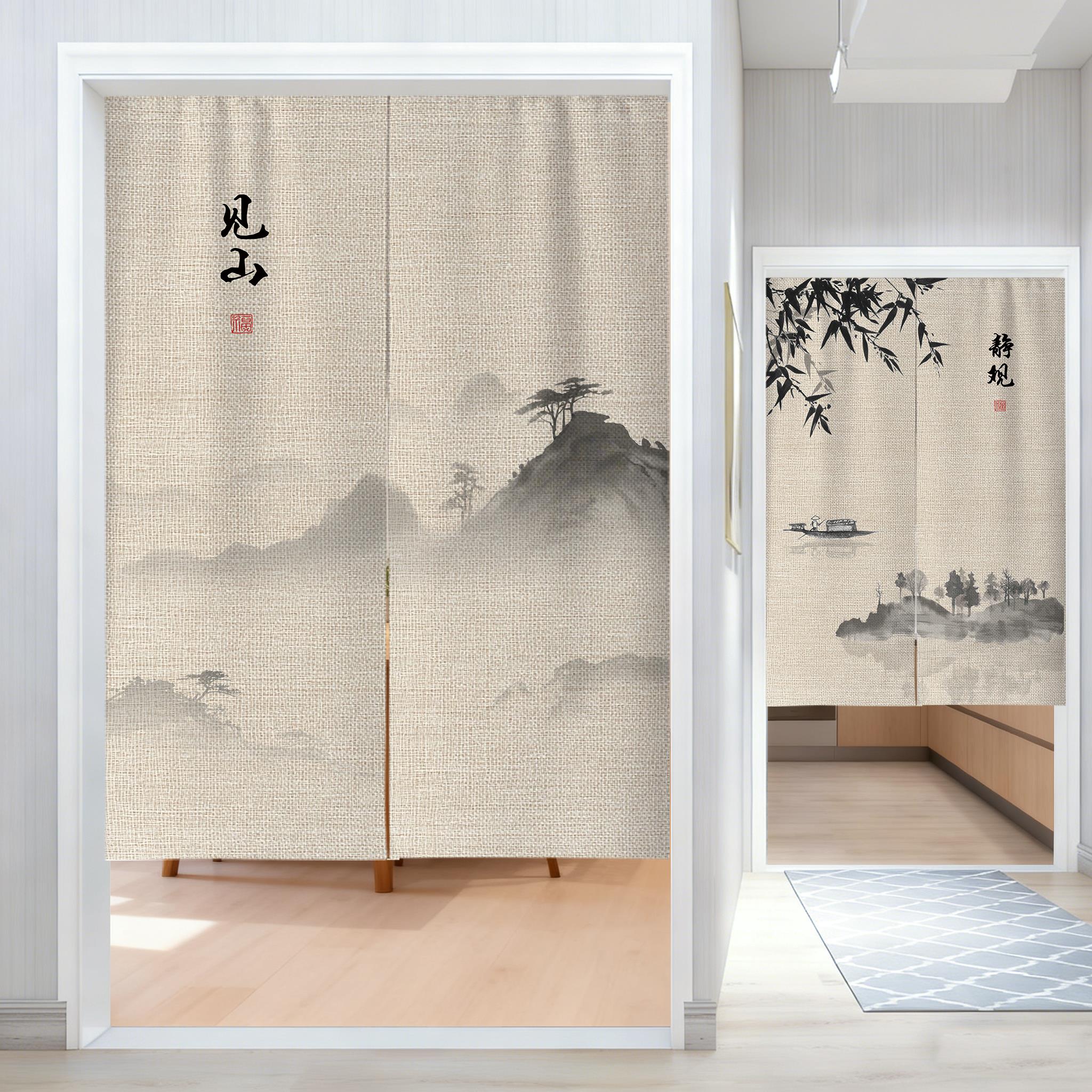 新中式见山棉麻门帘水墨山水隐私隔断帘禅意茶室玄关免打孔挂帘