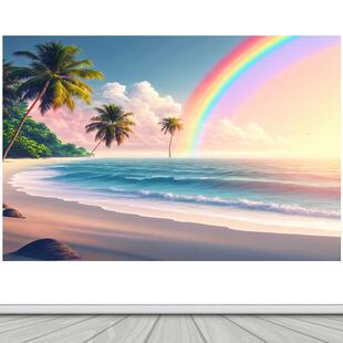 海滩风景晨曦彩虹沙滩蓝天白云椰子树风景画背景墙自贴装饰贴画