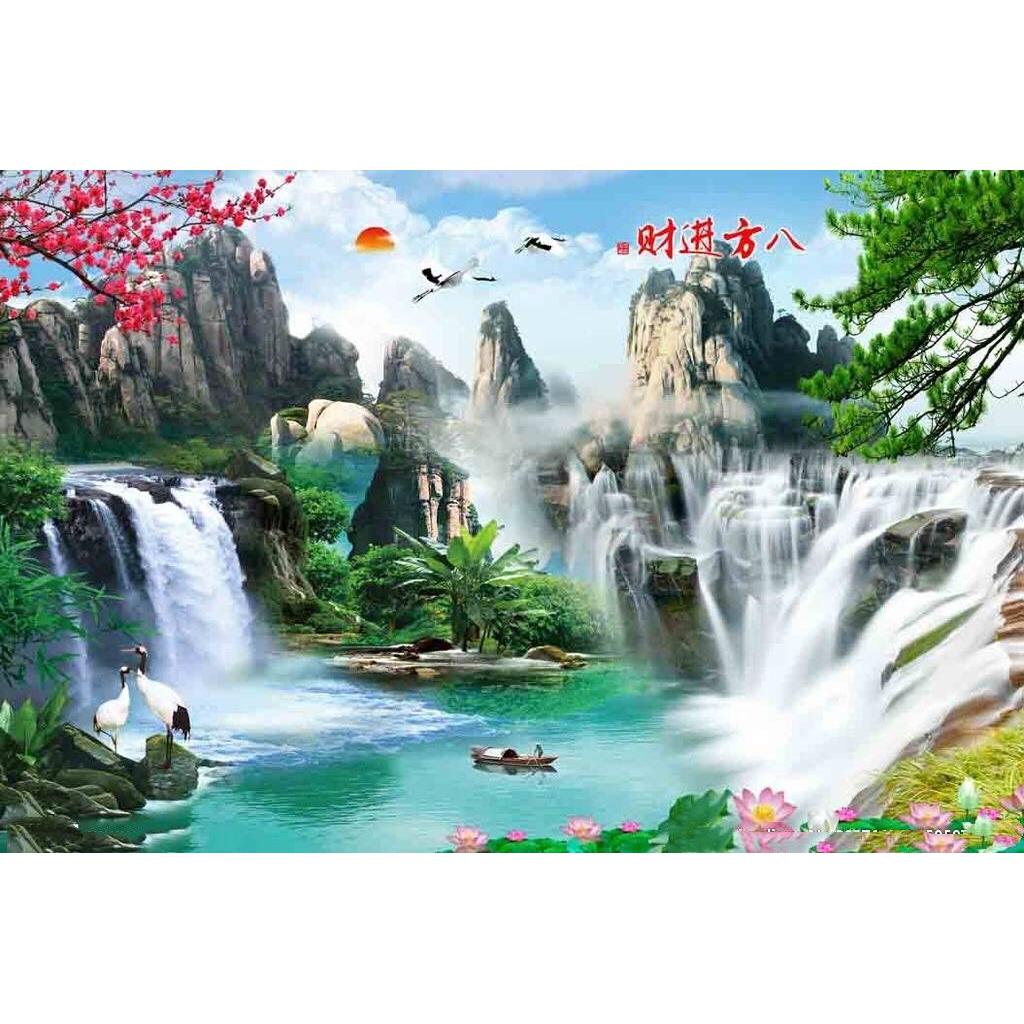 定制亚光自粘画过道墙贴客厅壁纸中式带背胶自粘贴画山水风景贴纸