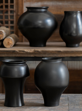 景德镇侘寂风陶瓷花瓶复古黑色日式做旧陶器干花插花民宿陶瓷摆件