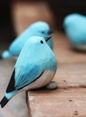 鹿妖商店 山地蓝知更鸟山蓝鸲 肥啾 木雕小鸟 纯手工实木桌面摆件