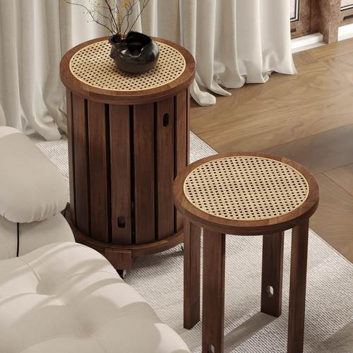 实木凳子家用可叠放备用餐桌板凳创意圆凳中古风藤编叠叠乐组合凳