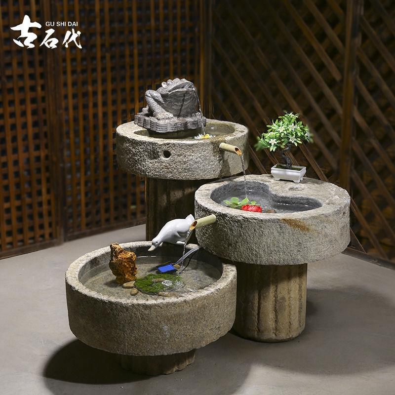 石磨流水摆件金蝉招财石头鱼缸户外庭院水景鱼池石槽别墅花园造景