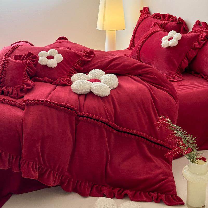 立体花朵牛奶绒新婚庆四件套冬季保暖珊瑚绒红色花边结婚被套床单,床上用品,婚庆床品套件,淘宝优惠券,粉丝福利购,淘宝优惠卷