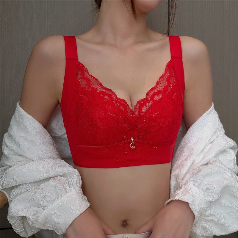 红色内衣女薄款大胸显小大码聚拢2025新款本命年新娘结婚文胸套装