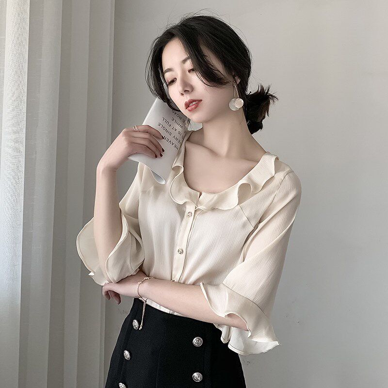 雪纺衬衫女2025n新款夏季心机设计感超仙小众中袖荷叶边很仙的衬